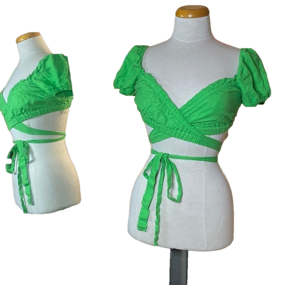 🌷BERSHKA🌷 Lime Green Linen Wrap Ruffle Sleeve Crop top